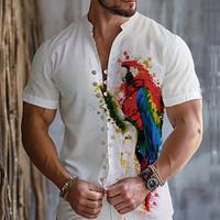 Parrot Hawaiian Resort Men's Printed Shirts Outdoor Daily Wear Vacation Summer Spring Standing Collar Short Sleeves Red, Green S, M, L Slub Fabric Shirt Lightinthebox