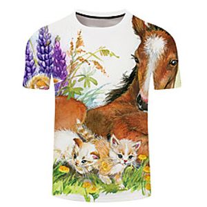 Men's Unisex Tee T shirt 3D Print Floral Cat Graphic Prints Plus Size 3D Print Short Sleeve Casual Tops Basic Designer Big and Tall White Blue Yellow miniinthebox