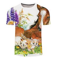 Men's Unisex Tee T shirt 3D Print Floral Cat Graphic Prints Plus Size 3D Print Short Sleeve Casual Tops Basic Designer Big and Tall White Blue Yellow miniinthebox - thumbnail