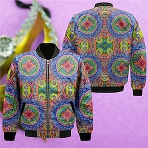 Carnival Floral Mask Artistic Abstract Men's Bomber Jacket Coat Carnival Sports  Outdoor Fall  Winter Standing Collar Long Sleeve Blue Purple S M L Polyester Weaving Lightinthebox
