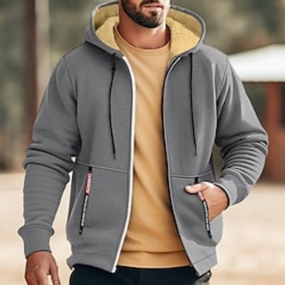 Men's Hoodie Full Zip Hoodie Fleece Hoodie Sherpa Linend Black White Red Royal Blue Blue Hooded Plain Zipper Sports  Outdoor Daily Holiday Vintage Streetwear Cool Fall  Winter Clothing Apparel Lightinthebox