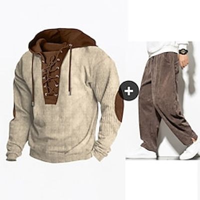 Men's Hoodie Corduroy Pants Set Khaki Hooded Plain Lace up Patchwork 2 Piece Trousers Casual Pants Sports  Outdoor Daily Holiday Corduroy Streetwear Cool Casual Spring   Fall Clothing Apparel Lightinthebox