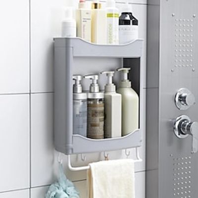 1pc Wall Mounted Bathroom Storage Rack, Plastic Bathroom Hanging Shelf, Bathroom Shelves With Hooks  Towel Bar, Double Layer Bathroom Shower Caddy, Shampoo Shower Gel Holder Organizer, Bathroom Acces Lightinthebox