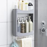 1pc Wall Mounted Bathroom Storage Rack, Plastic Bathroom Hanging Shelf, Bathroom Shelves With Hooks  Towel Bar, Double Layer Bathroom Shower Caddy, Shampoo Shower Gel Holder Organizer, Bathroom Acces Lightinthebox - thumbnail