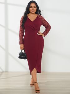 YOINS Plus Size V-neck Slit Design Polka Dot Mesh Maxi Dress