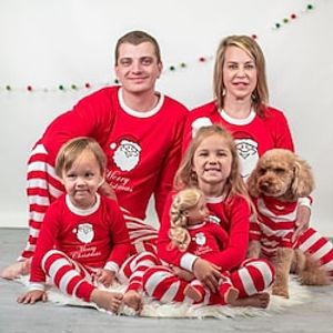 Family Look Christmas Pajamas Santa Claus Striped Home Red Long Sleeve Daily Matching Outfits miniinthebox