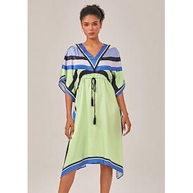 Loose drawstring dress in satin geometric pattern