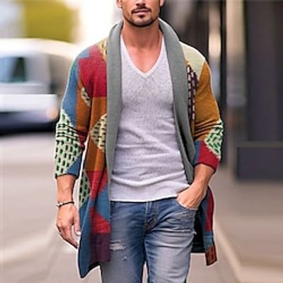 Color Block Geometry Colorful Casual Men's Knitting Print Cardigan Sweater Knitwear Outdoor Daily Vacation Long Sleeve V Neck Sweaters Blue Fall Winter S M L Sweaters Lightinthebox