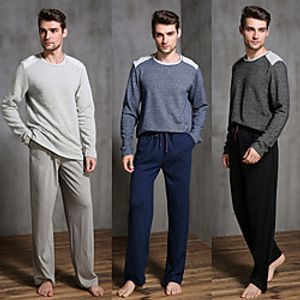 Men's Elastic Waistband Solid Color Cotton Loungewear Suits Casual T shirt Pant Scoop Neck Home S Light gray  2 Pieces  2 Pieces  Long Sleeve Lightinthebox