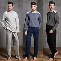 Men's Elastic Waistband Solid Color Cotton Loungewear Suits Casual T shirt Pant Scoop Neck Home S Light gray  2 Pieces  2 Pieces  Long Sleeve Lightinthebox - thumbnail