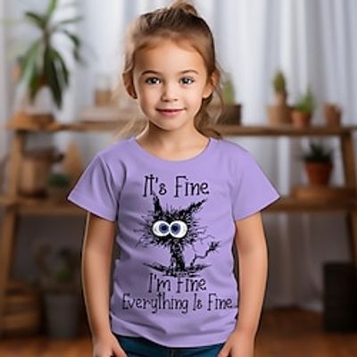 Girls' 3D Cat Letter Tee Shirt Pink Short Sleeve 3D Print Summer Active Fashion Cute Polyester Kids 3-12 Years Crew Neck Outdoor Casual Daily Regular Fit miniinthebox
