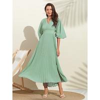 Pleated Solid V Neck Maxi Dress