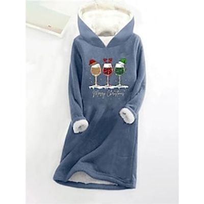 Women's Christmas Dress Hoodie Dress Mini Dress Sherpa Fleece Lined Warm Outdoor Christmas Going out Hoodie Print Christmas Hat Loose Fit Black Dark Pink Blue S M L XL XXL Lightinthebox