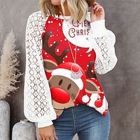 Women's T shirt Tee Christmas Shirt Black Wine Red Snowman Christmas Tree Reindeer Button Print Long Sleeve Christmas Weekend Festival  Holiday Round Neck Regular Fit Painting Spring   Fall Lightinthebox