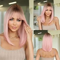 Medium Long Straight Bob Cut Wig With Bangs Synthetic Wig Beginners Friendly Heat Resistant miniinthebox - thumbnail