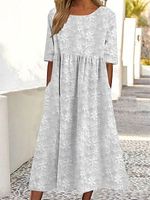 Round Neck Loose Embroidered Vacation Short Sleeve Midi Dress