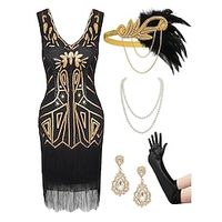 Retro Vintage Roaring 20s 1920s Flapper Dress Outfits Accessories Set The Great Gatsby Women's Sequins Tassel Fringe Cosplay Costume Christmas Halloween Party / Evening Dress miniinthebox - thumbnail