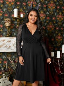 YOINS Plus Size Halloween V-neck Wrap Design Lace Long Sleeves Midi Dress