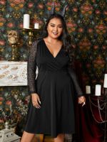 YOINS Plus Size Halloween V-neck Wrap Design Lace Long Sleeves Midi Dress - thumbnail