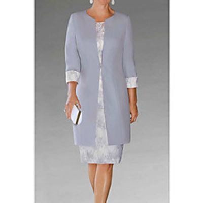 Sheath / Column Mother of the Bride Dress Plus Size Jewel Neck Knee Length Lace Polyester 3/4 Length Sleeve with Lace 2021 miniinthebox