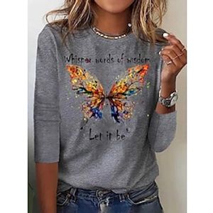 Women's T shirt Tee Green Blue Red Butterfly Text Print Long Sleeve Daily Weekend Basic Round Neck Regular Butterfly Painting S Lightinthebox