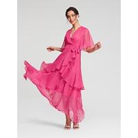 Pink Chiffon Wedding Guest/Party Solid Ruffle Sleeve Elegant Maxi Dress dress to impress 2024 - thumbnail