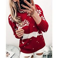 Women's Pullover Sweater Modern Style Print Casual Christmas Long Sleeve Sweater Cardigans Round Neck Fall Winter Grey Green Red / Holiday miniinthebox - thumbnail