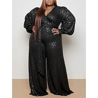 Women's Plus Size Jumpsuit Curve Lace up Sequin Solid Color V Neck Holiday Party Street Loose Fit Long Sleeve Black L XL XXL Fall Lightinthebox - thumbnail