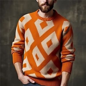 Geometry Casual Men's Print Knitting Pullover Sweater Jumper Knitwear Outdoor Daily Vacation Long Sleeve Crewneck Sweaters YellowOrange Orange and White White Fall Winter S M L Sweaters Lightinthebox