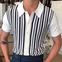 Men's Golf Shirt Golf Polo Work Casual Lapel Short Sleeve Basic Modern Color Block Striped Patchwork Button Spring Summer Regular Fit White Golf Shirt Lightinthebox