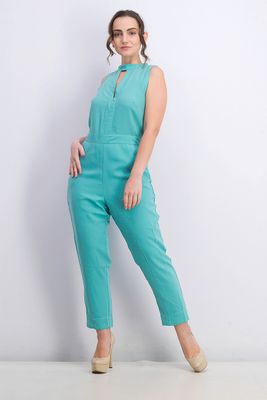 Womens Keyhole Mock Tapered Leg Jumpsuit  Turquoise