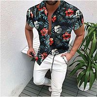 Men's Shirt Tartan Letter 3D Print Short Sleeve Casual Slim Tops Beach White Red / Gym miniinthebox - thumbnail