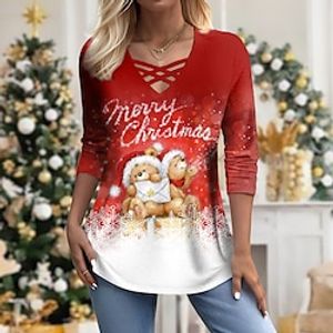 Christmas Shirt Women's T shirt Tee Bear Snowflake Red Print Long Sleeve Christmas Weekend Festival  Holiday V Neck Regular Fit Spring   Fall Lightinthebox