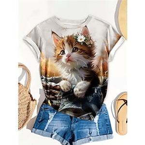 Women's T shirt Tee Animal Cat Daily Weekend Yellow Brown Green Print Short Sleeve Fashion Round Neck Regular Fit Summer Lightinthebox