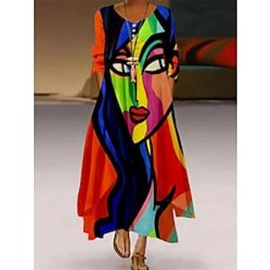 Women's Abstract Portrait Floral Long Dress Maxi Dress Casual Dress Shift Dress Print Dress Fashion Streetwear Outdoor Daily Weekend Pocket Print Long Sleeve V Neck Dress Loose Fit Yellow Red Blue miniinthebox