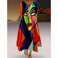 Women's Abstract Portrait Floral Long Dress Maxi Dress Casual Dress Shift Dress Print Dress Fashion Streetwear Outdoor Daily Weekend Pocket Print Long Sleeve V Neck Dress Loose Fit Yellow Red Blue miniinthebox - thumbnail