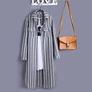 Women's Coat Casual / Daily Spring  Summer Long Coat Shirt Collar Regular Fit Casual Jacket Stripes Others Gray miniinthebox