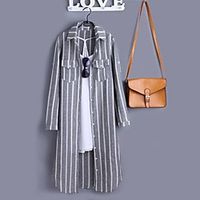 Women's Coat Casual / Daily Spring  Summer Long Coat Shirt Collar Regular Fit Casual Jacket Stripes Others Gray miniinthebox - thumbnail