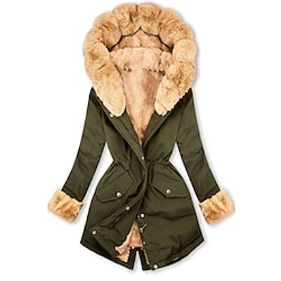 Women's Parka Contemporary Modern Street Style Zipper Button Pocket Fur Collar Outdoor Street Vacation Casual Daily Cotton Long Coat Winter Fall Army Green Zipper Hoodie Regular Fit S M L XL XXL 3XL Lightinthebox