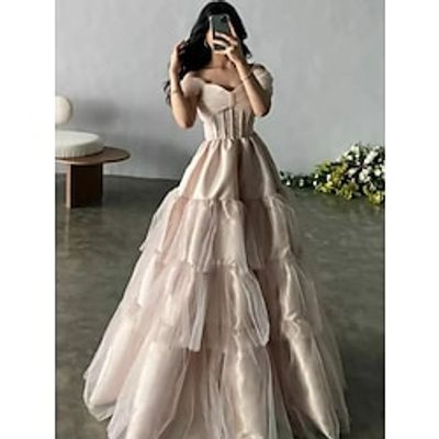A-Line Evening Gown Princess Dress Formal Floor Length Short Sleeve Off Shoulder Satin with Pleats 2023 Lightinthebox