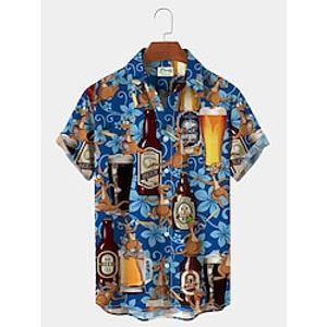 Men's Shirt Graphic Prints Beer Wine bottle Turndown Blue 3D Print Outdoor Casual Short Sleeves Button-Down Print Clothing Apparel Fashion Designer Casual Soft miniinthebox