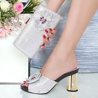 Women's Wedding Shoes Dress Shoes Wedding Party Shoes And Bags Matching Sets Rhinestone Chunky Heel Peep Toe Elegant Fashion Microbial Leather Loafer Black Silver Red Lightinthebox