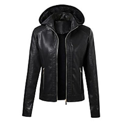 Women's Faux Leather Jacket Going out Fall  Winter Regular Coat Regular Fit Streetwear Jacket Long Sleeve Solid Colored Fur Trim Blue Yellow miniinthebox