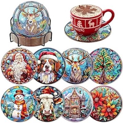 8 Pcs Diamond Art Chrismas Coasters with Holder, DIY Diamond Painting Chrismas Coasters Kits for Aldult Beginners, Diamond Painting Coasters Christmas Diamond Dot Coasters Art Craft Lightinthebox