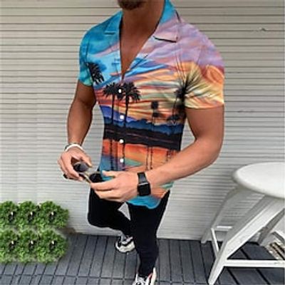 Men's Shirt Summer Hawaiian Shirt Graphic Prints Sunset Leaves Turndown White Blue Casual Holiday Short Sleeve Button-Down Print Clothing Apparel Tropical Fashion Streetwear Hawaiian miniinthebox