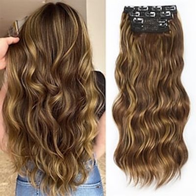 Hair Extensions 4PCS Clip in Hair Extensions 20 Inches Chocolate Brown Mix Caramel Blonde Long Wavy Natural Soft Synthetic Hairpieces for Women Lightinthebox Hair Extensions 4PCS Clip in Hair Extensions 20 Inches Chocolate Brown Mix Caramel Blonde Long Wavy Natural Soft Synthetic Hairpieces for Women Lightinthebox