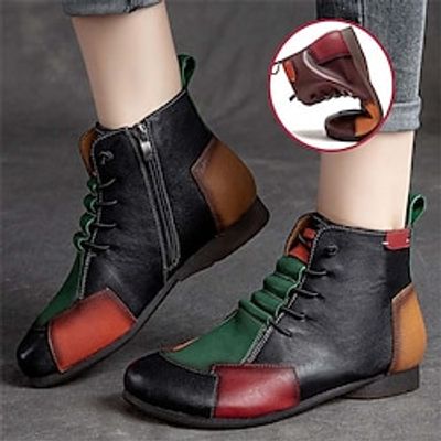 Women's Boots High Top Sneakers Soft Shoes Comfort Shoes Daily Booties Ankle Boots Flat Heel Round Toe Casual Minimalism Running Walking PU Lace-up Color Block Black Lightinthebox