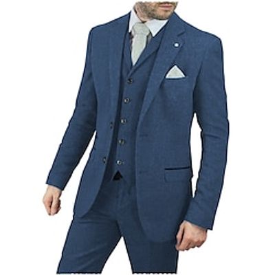 Burgundy Dark Navy Blue Men's Tweed Herringbone Wedding Suits 3 Piece Solid Colored Tailored Fit Single Breasted Two-buttons 2023 miniinthebox