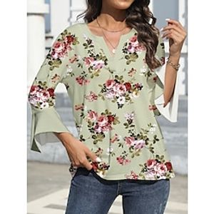 Women's T shirt Tee Floral Daily Weekend Pink Green Khaki Print Ruffle Long Sleeve Fashion V Neck Regular Fit Spring   Fall Lightinthebox
