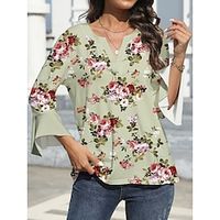 Women's T shirt Tee Floral Daily Weekend Pink Green Khaki Print Ruffle Long Sleeve Fashion V Neck Regular Fit Spring   Fall Lightinthebox - thumbnail